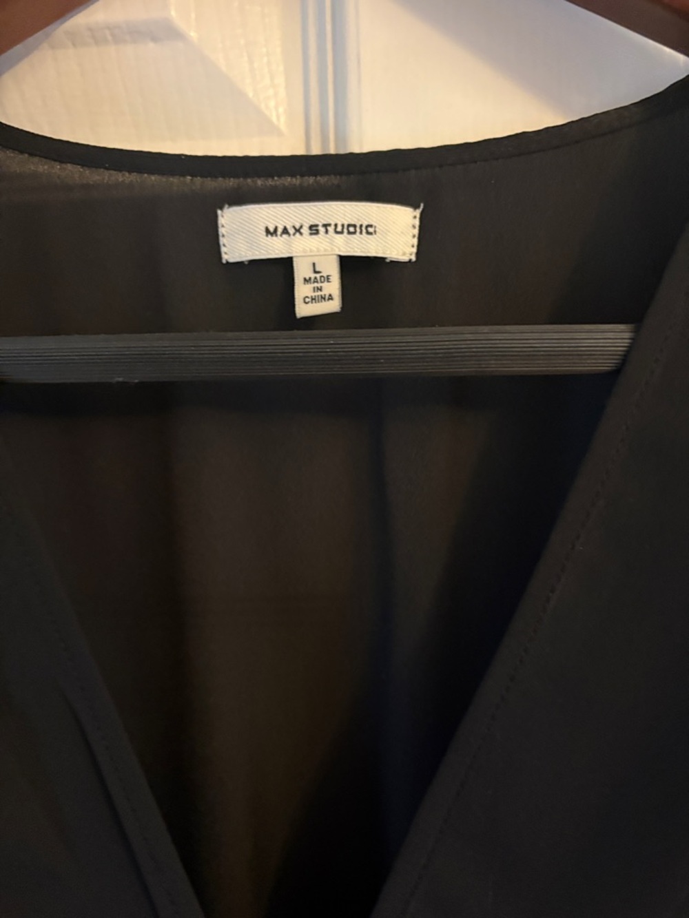 Max Studio Black Tie-Front Ruffle Sleeve Blouse, size large - Picture 2 of 4